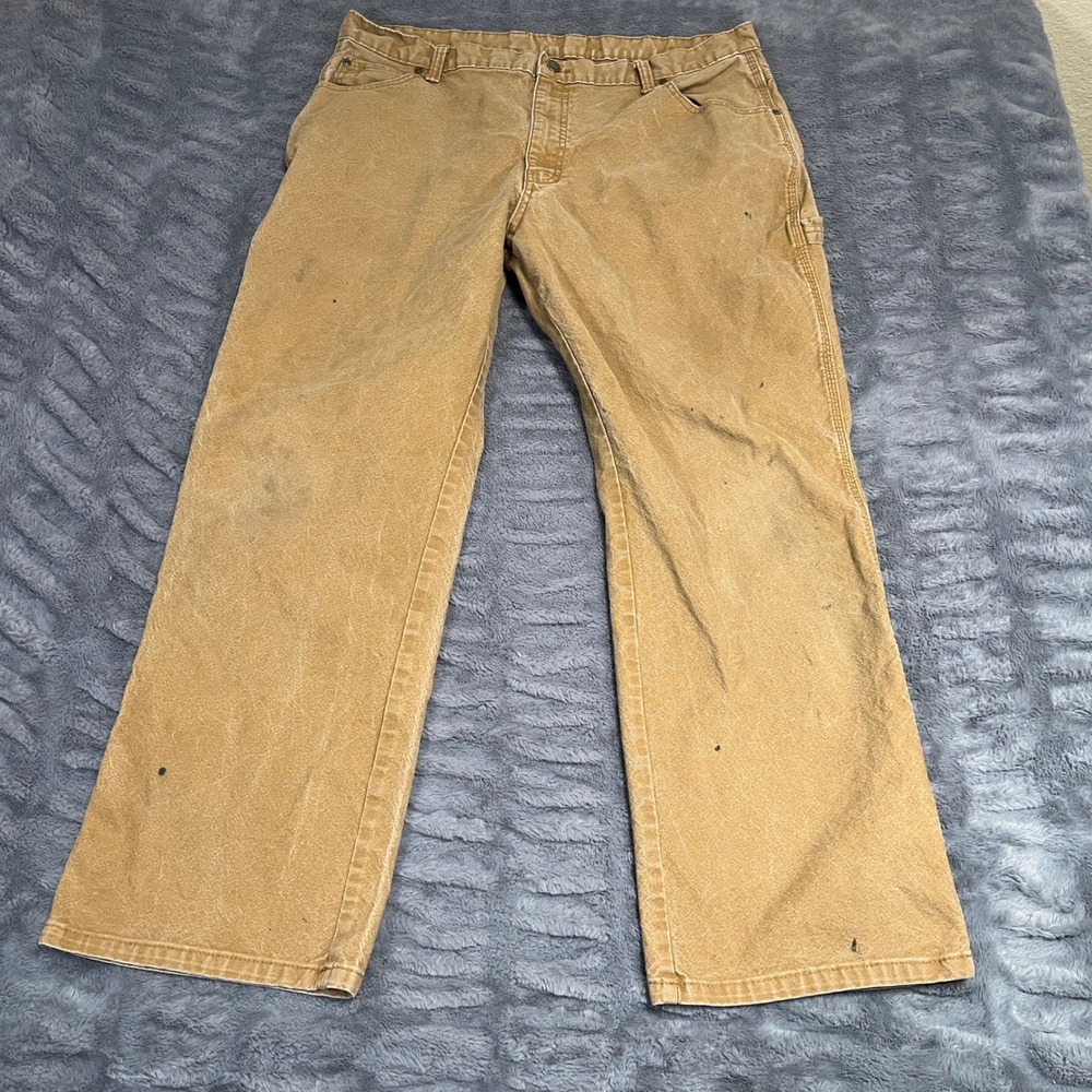Dickies Mens Carpenter Pants Duck Brown Canvas Workwear Distressed 37x28 Relaxed